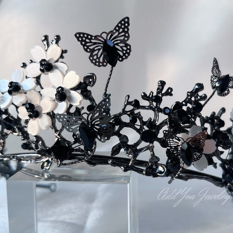 Black Butterfly Tiara Crown Detailed Princess Queen Goth bridal Halloween cosplay diadem 