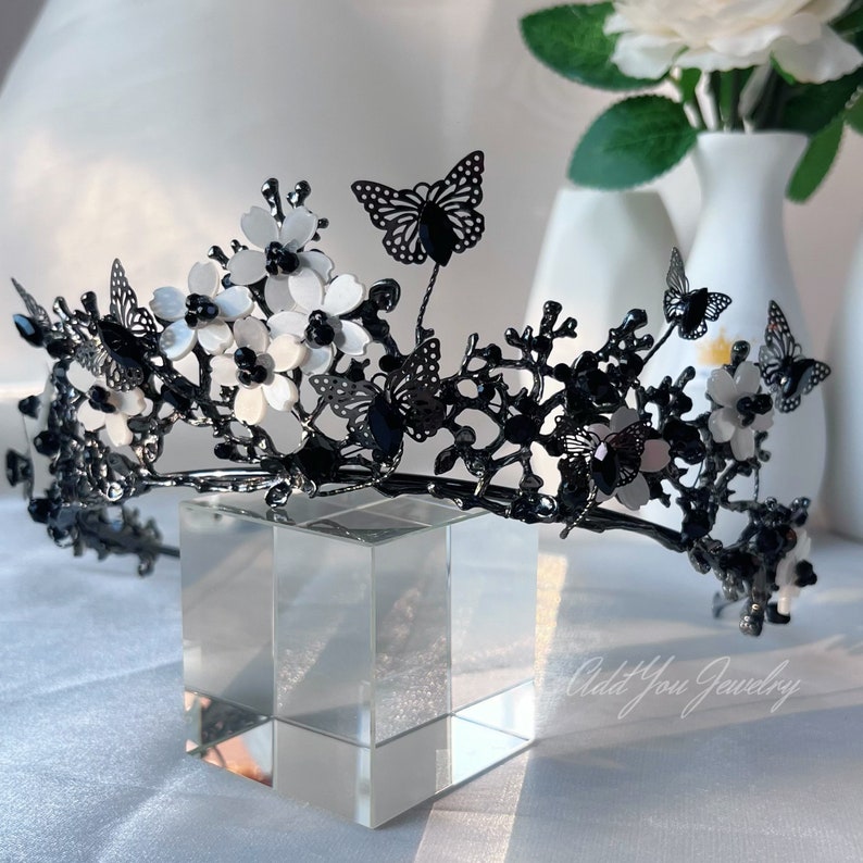 Black Butterfly Tiara Crown Detailed Princess Queen Goth bridal Halloween cosplay diadem real metal