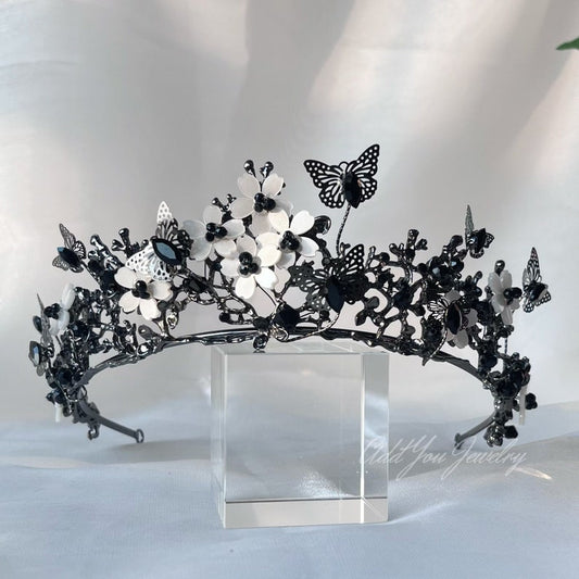 Black Butterfly Tiara Crown Detailed Princess Queen Goth bridal Halloween cosplay diadem 