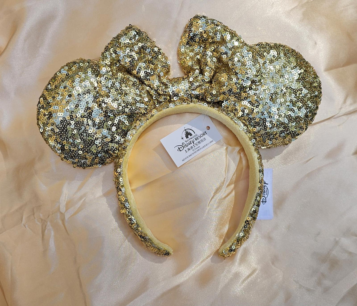 Disney Parks Gold Sequin Minnie Mickey Ears Bow Headband US