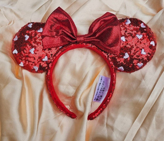 Red Hearts Sequin Bow Mickey Minnie Ears Headband