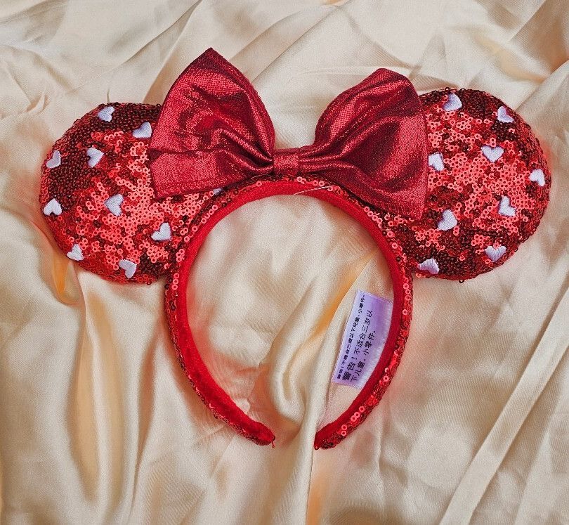 Red Hearts Sequin Bow Mickey Minnie Ears Headband