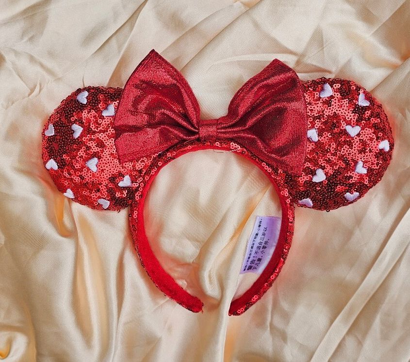 Red Hearts Sequin Bow Mickey Minnie Ears Headband