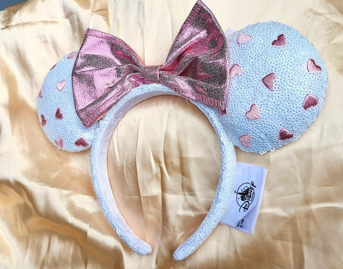 Pink Hearts White Sequin Minnie Mickey Mouse Ear Bow Headband