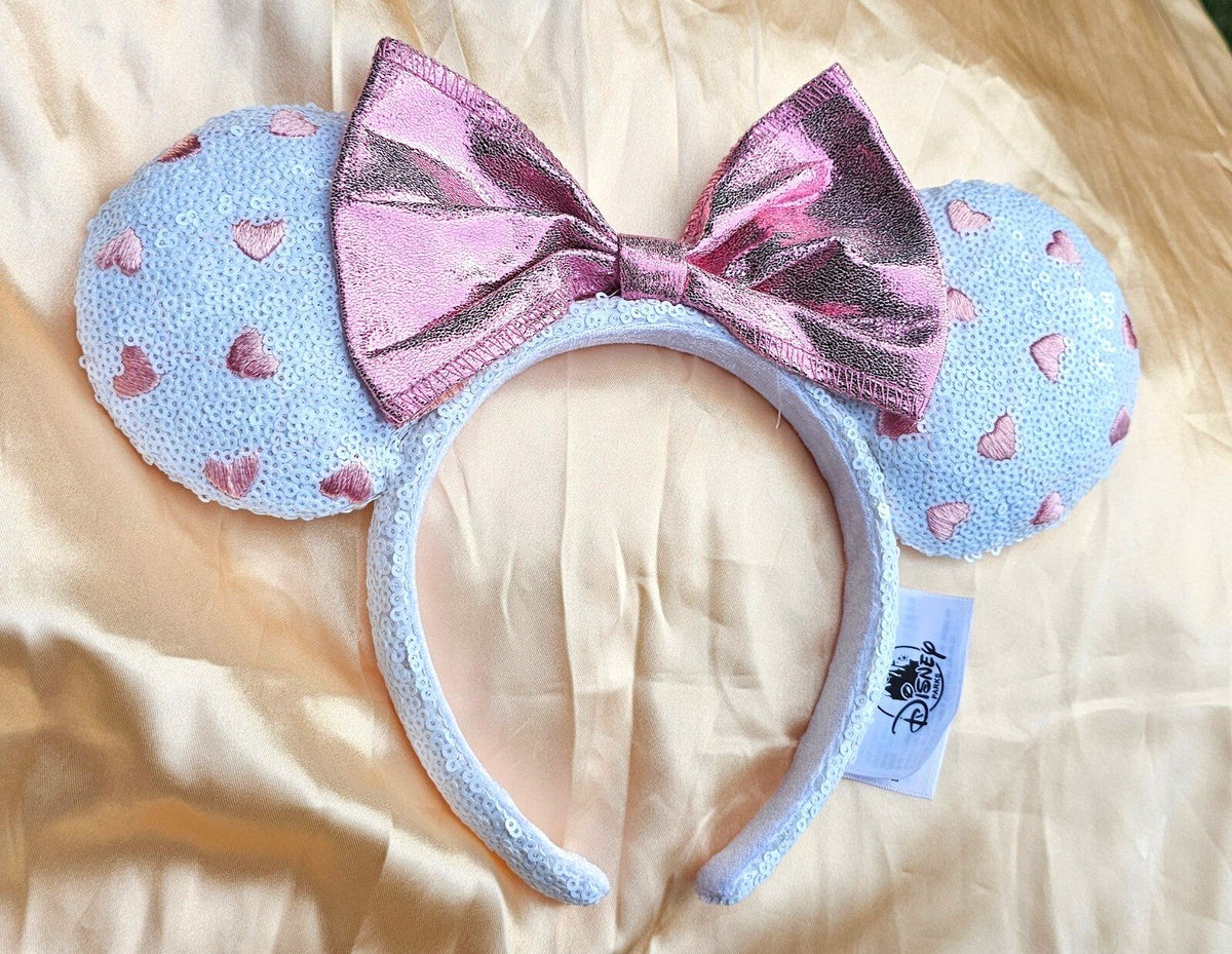 Pink Hearts White Sequin Minnie Mickey Mouse Ear Bow Headband