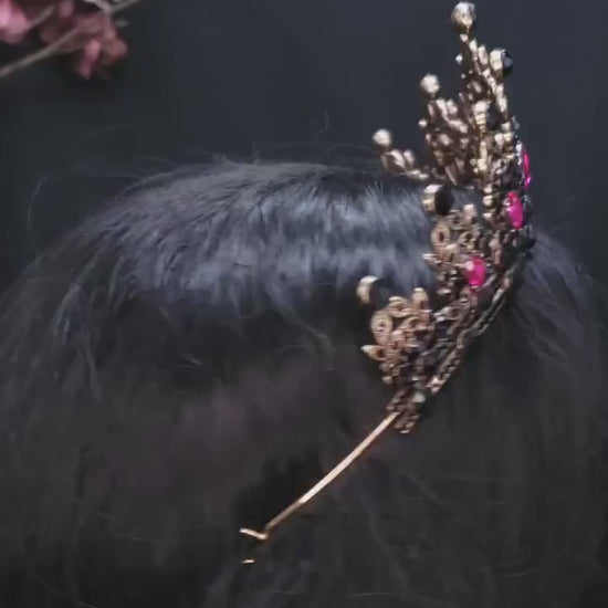 Vintage Hot pink Quinceanera Crowns Princess Queen bridal real metal cosplay diadem Wedding pageant crown 
