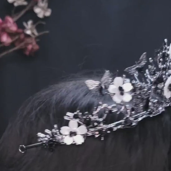 Black Butterfly Tiara Crown Detailed Princess Queen Goth bridal Halloween cosplay diadem 