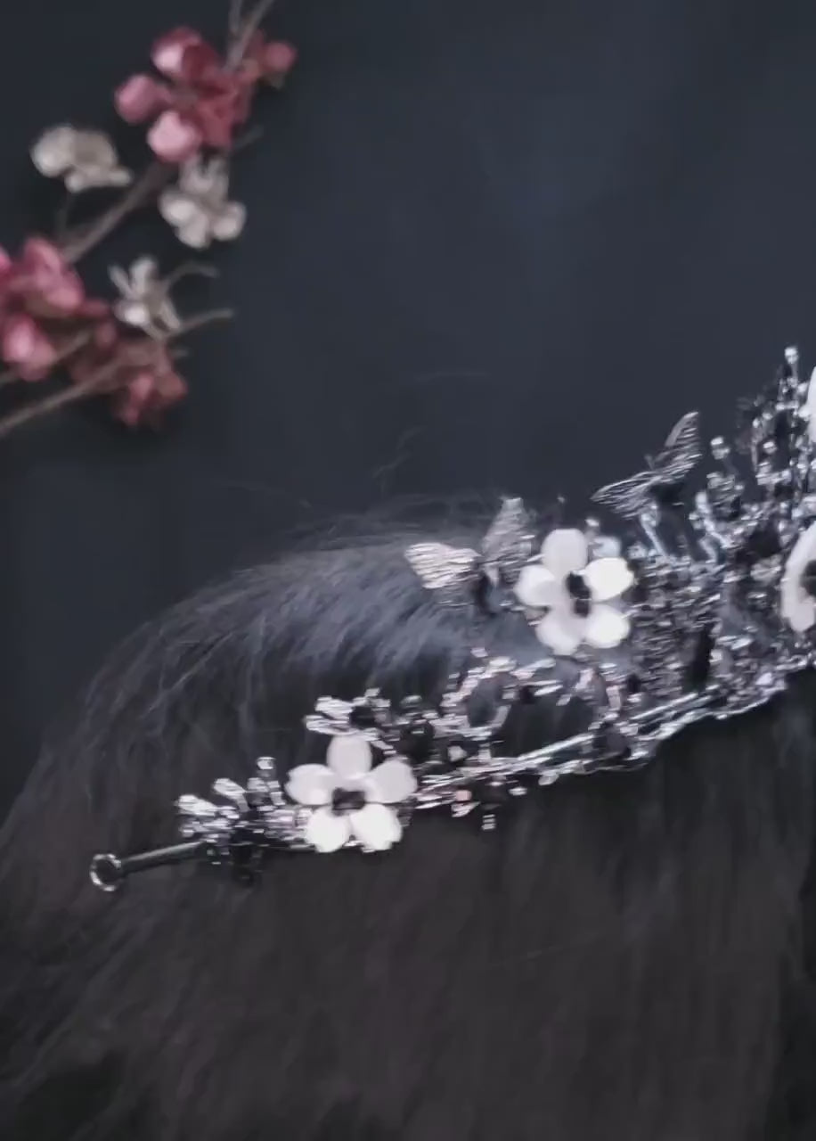 Black Butterfly Tiara Crown Detailed Princess Queen Goth bridal Halloween cosplay diadem 