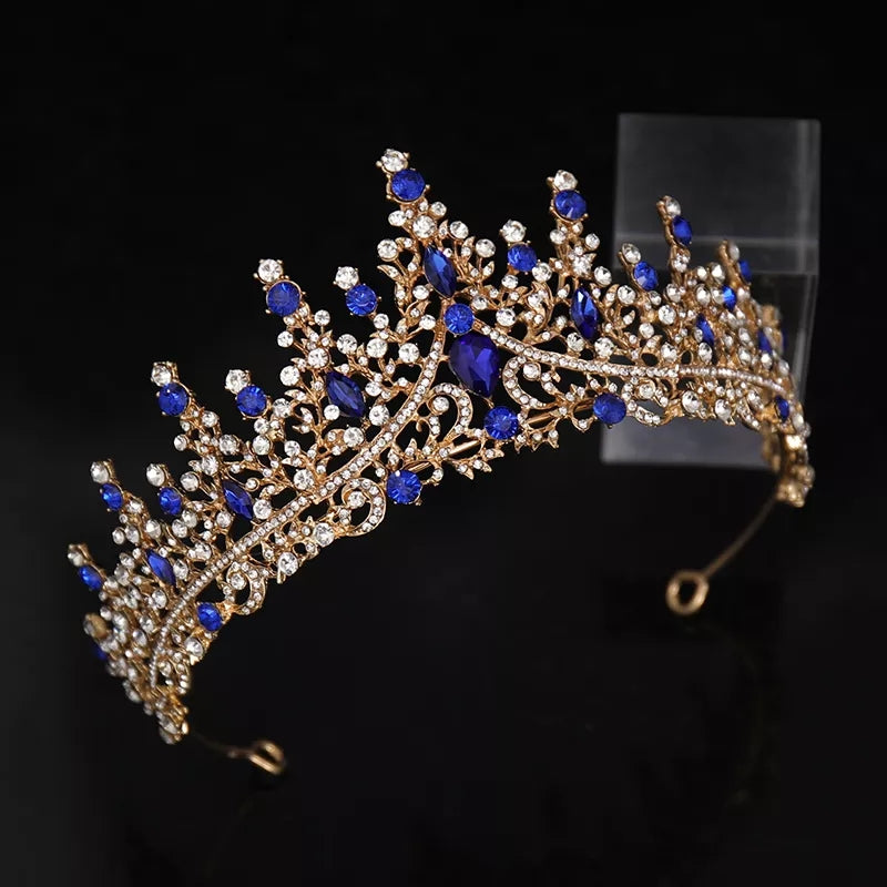 Blue sapphire Crystal Gold Tiara Crown Detail Princess Queen headdress bridal cosplay diadem spike wedding pageant gold tall