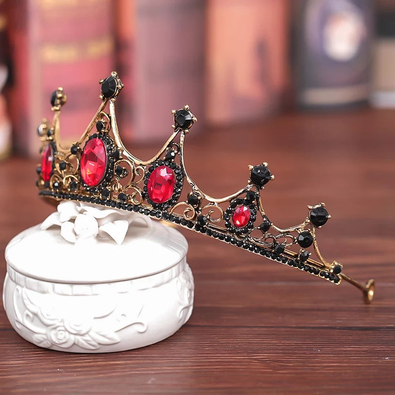 Ruby Red Vintage Baroque Tiara Dark Black Crown Goth Evil Queen diadem headdress jewelry bridal Halloween cosplay Wedding pageant royalty