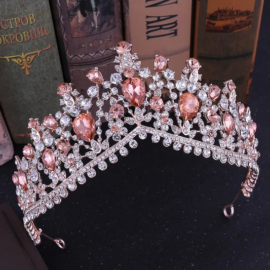 Rose Gold Crown Real Metal Tiara Queen headdress gems bridal cosplay Wedding pageant royalty pink diamond