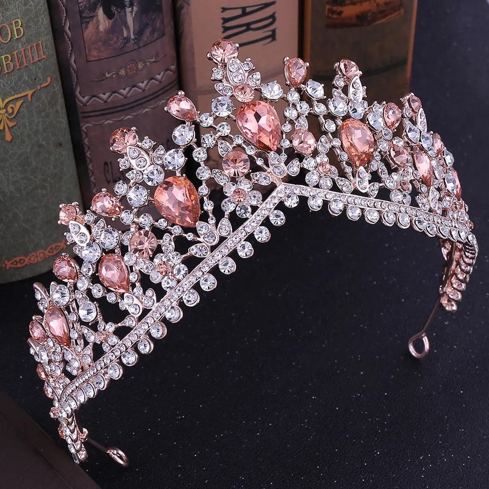 Rose Gold Crown Real Metal Tiara Queen headdress gems bridal cosplay Wedding pageant royalty pink diamond silver