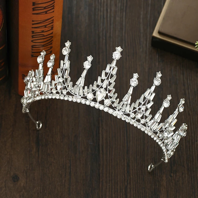 Silver Tiara Crown Detail Princess Queen headdress jewelry bridal Halloween cosplay diadem point Wedding pageant royalty real metal party