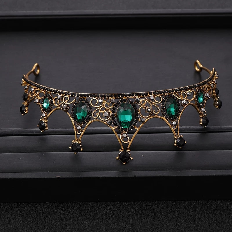 Vintage Baroque Crown Emerald Green Princess Tiara Dark Goth Evil Queen diadem jewelry 