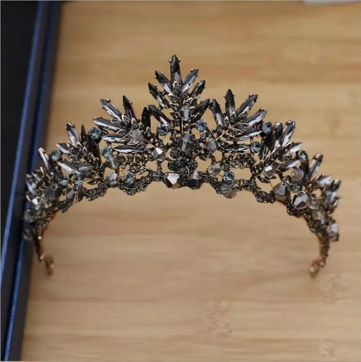 Vintage Baroque gray spiky Tiara Dark Crown Goth Evil Queen diadem headdress bridal Halloween cosplay Wedding pageant royalty