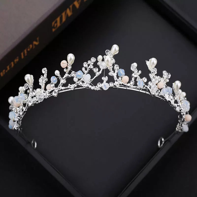 Silver Pearl Tiara Crown Princess Queen smaller demure headdress jewelry bridal Halloween cosplay diadem pink opal Wedding pageant royalty