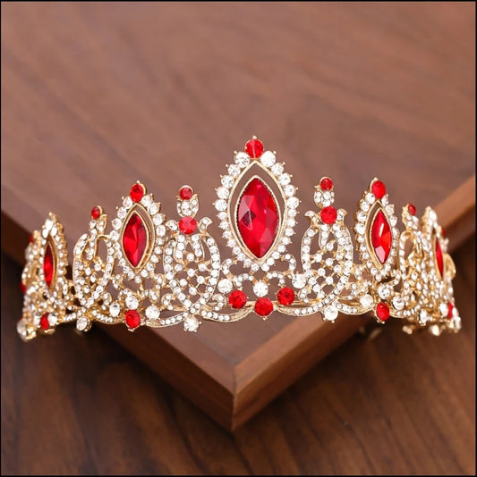 Red Ruby Crown Tiara Queen of hearts Gold headdress jewelry bridal Halloween cosplay Wedding pageant royalty