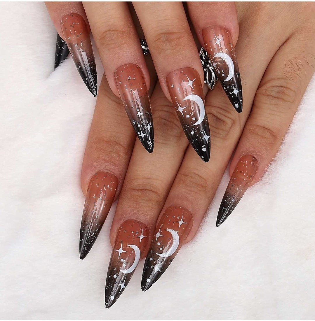 24 Witchy black ombre stiletto Long Press on nails kit glue on Goth celestial moon stars alt edgy glitter clear Halloween 