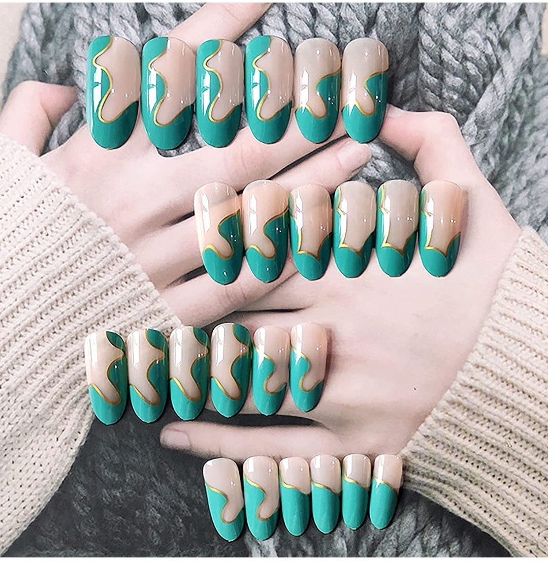 24 Turquoise Nude Swirl Press On Nails glue on long oval matte grecian gold yellow design line almond