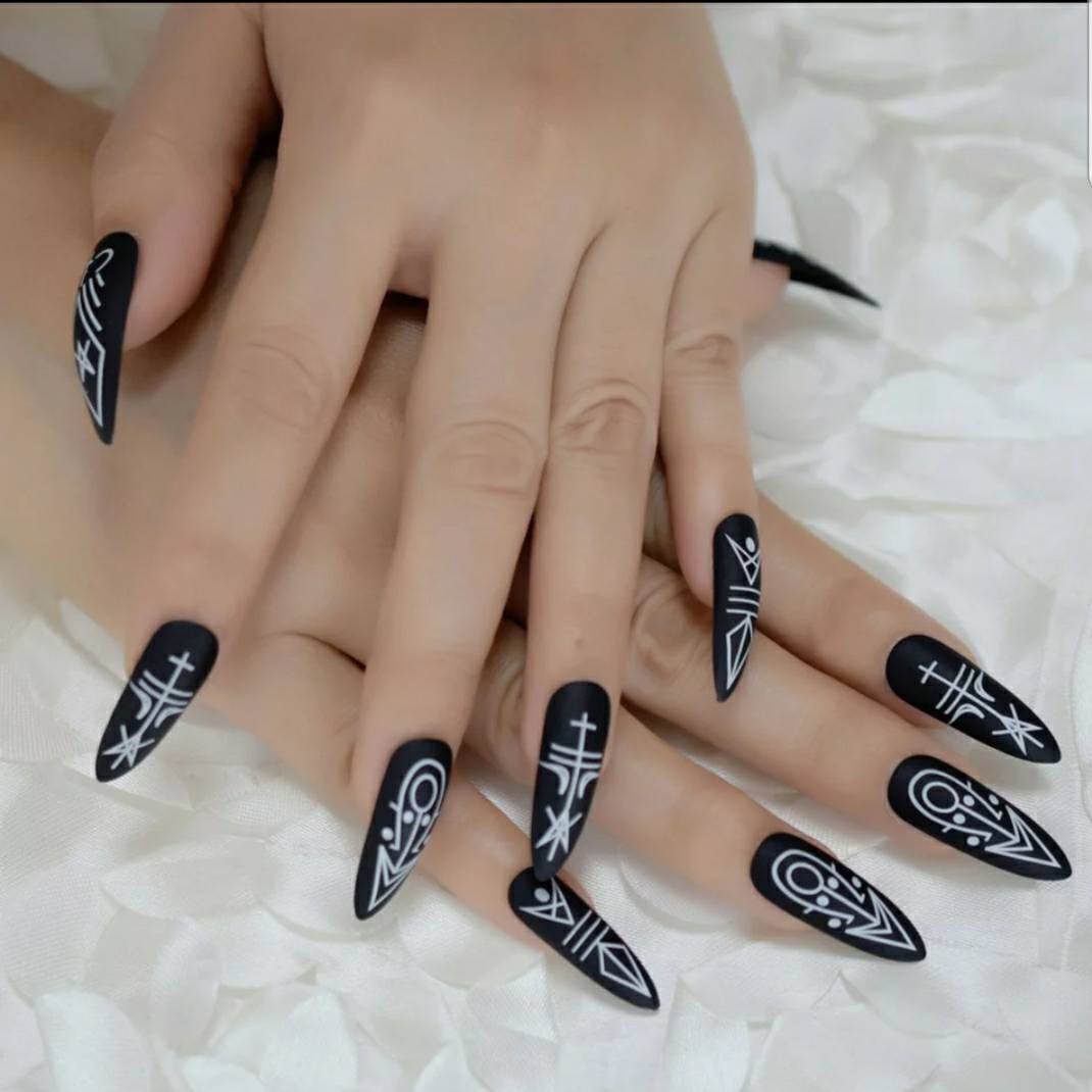 24 Extra Long Goth Matte Black Press On Nails Witchy nails  Halloween Horror Spell Caster Occult Symbolic Pagan rituals Wiccan punk emo metal head