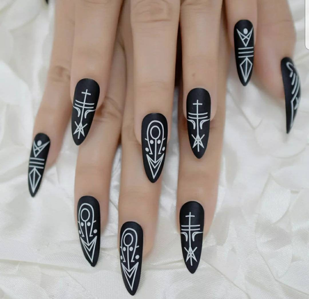 24 Extra Long Goth Matte Black Kiss Press on Nails Witchy nails  Halloween Horror Spell Caster Occult Symbolic Pagan rituals Wiccan punk emo metal head