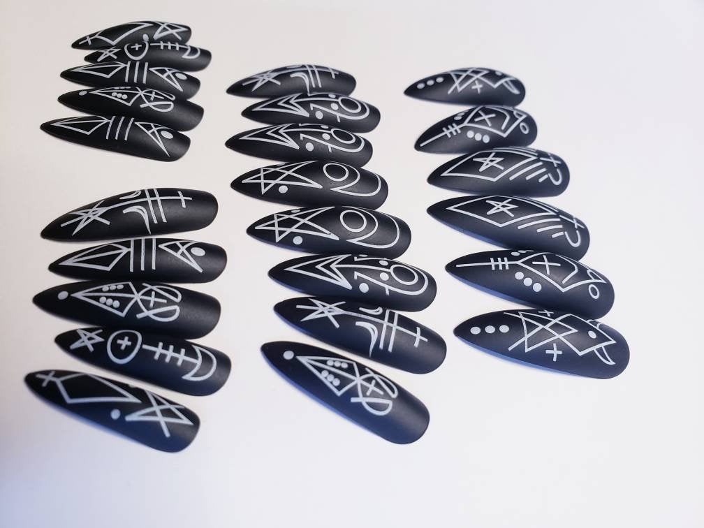 24 Extra Long Goth Matte Black Kiss Press on Nails Witchy nails  Halloween Horror Spell Caster Occult Symbolic Pagan rituals Wiccan punk emo metal head