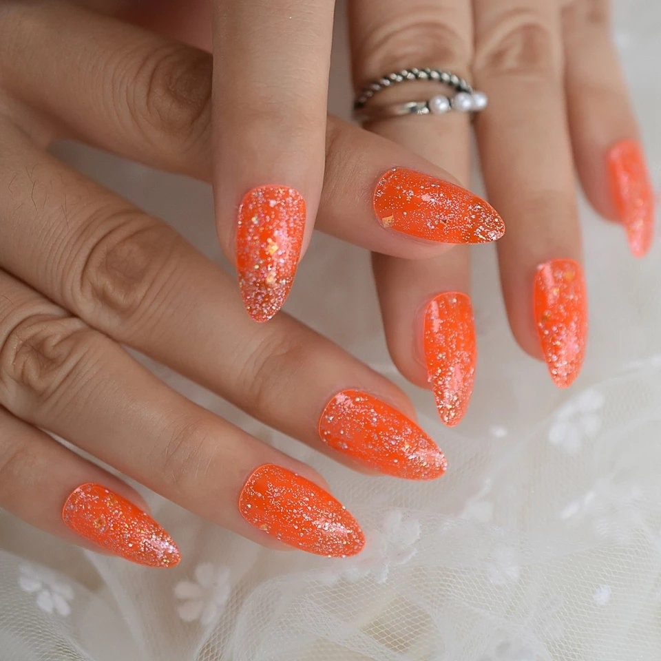 24 Orange Jelly Kiss Press on Nails 90s Medium length glitter clear 80s rave 90s retro funky bright fall autumn Halloween cute