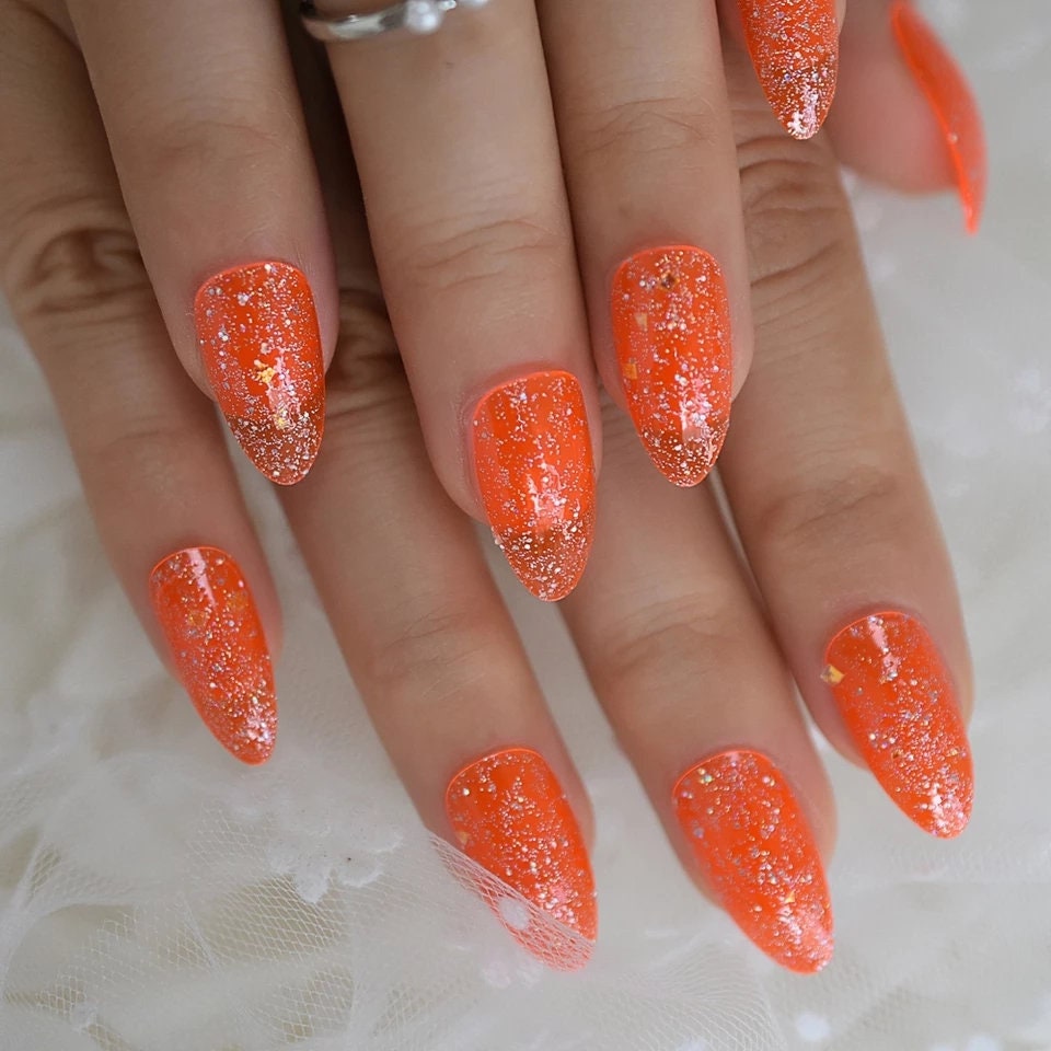 24 Orange Jelly Kiss Press on Nails 90s Medium length glitter clear 80s rave 90s retro funky bright fall autumn Halloween cute