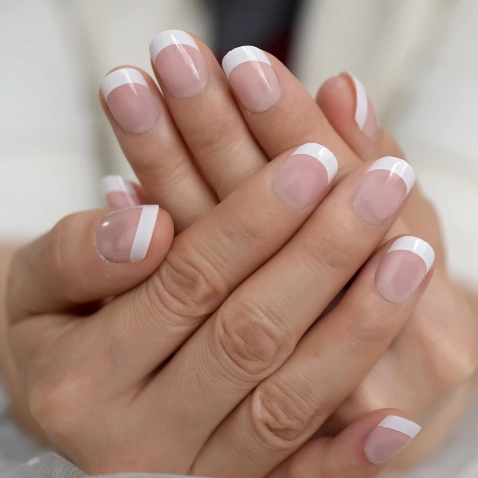 Classic French Mani Short Press On Nails white tip baby boomer pink