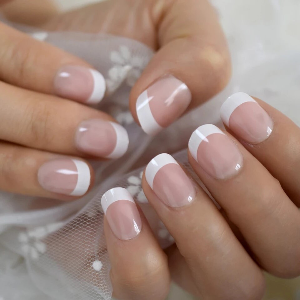 Classic French Mani Short Press On Nails white tip baby boomer pink