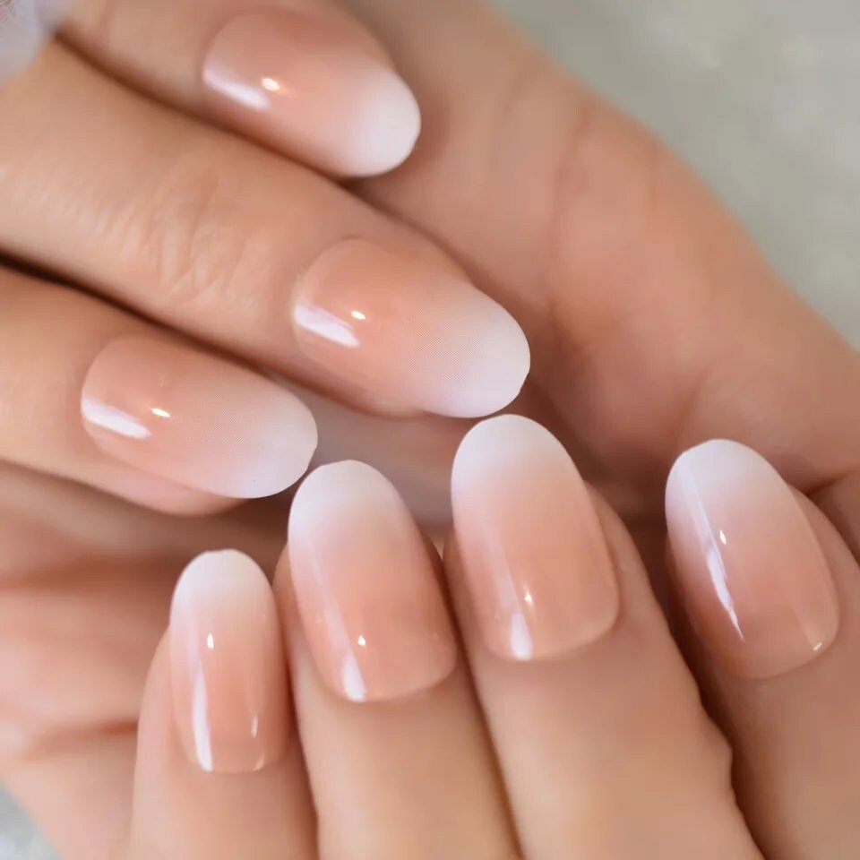 24 Ombre Nude Press on Nails glue on medium length white tip French Natural