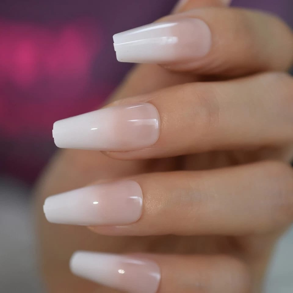 24 Ombre French White tip coffin Press On nails glue on classic manicure natural long