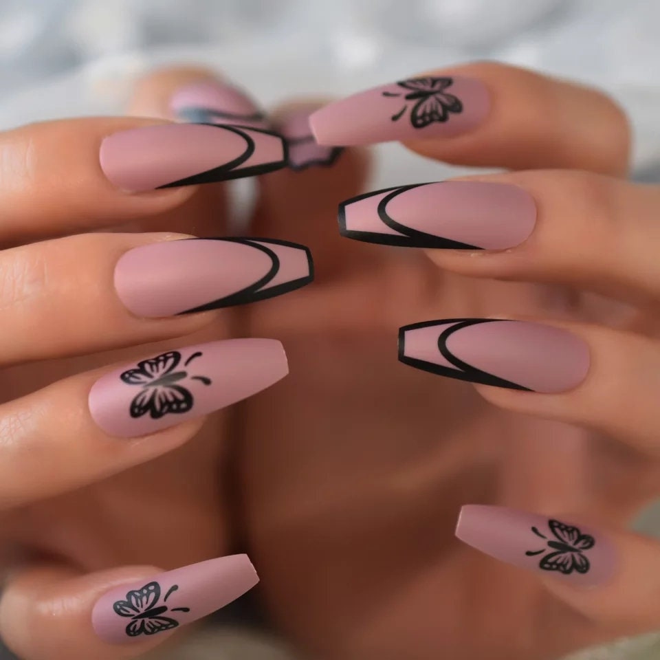 24 Extra Long Coffin Matte Mauve butterfly press on nails glue on Muted pink