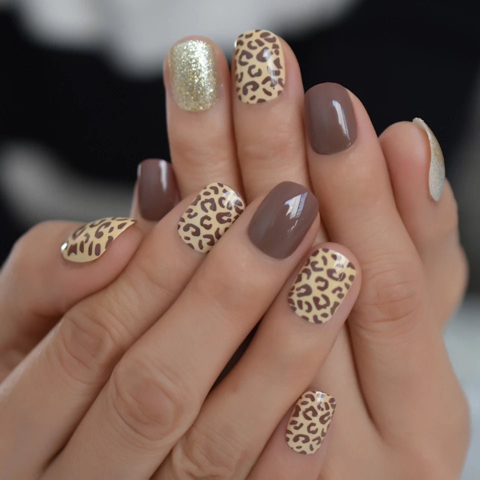 24 Short Leopard print gold tan nails glue on press on classic manicure