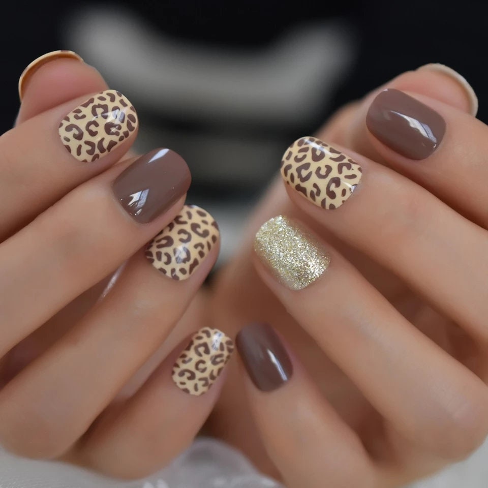 24 Short Leopard print gold tan nails glue on press on classic manicure