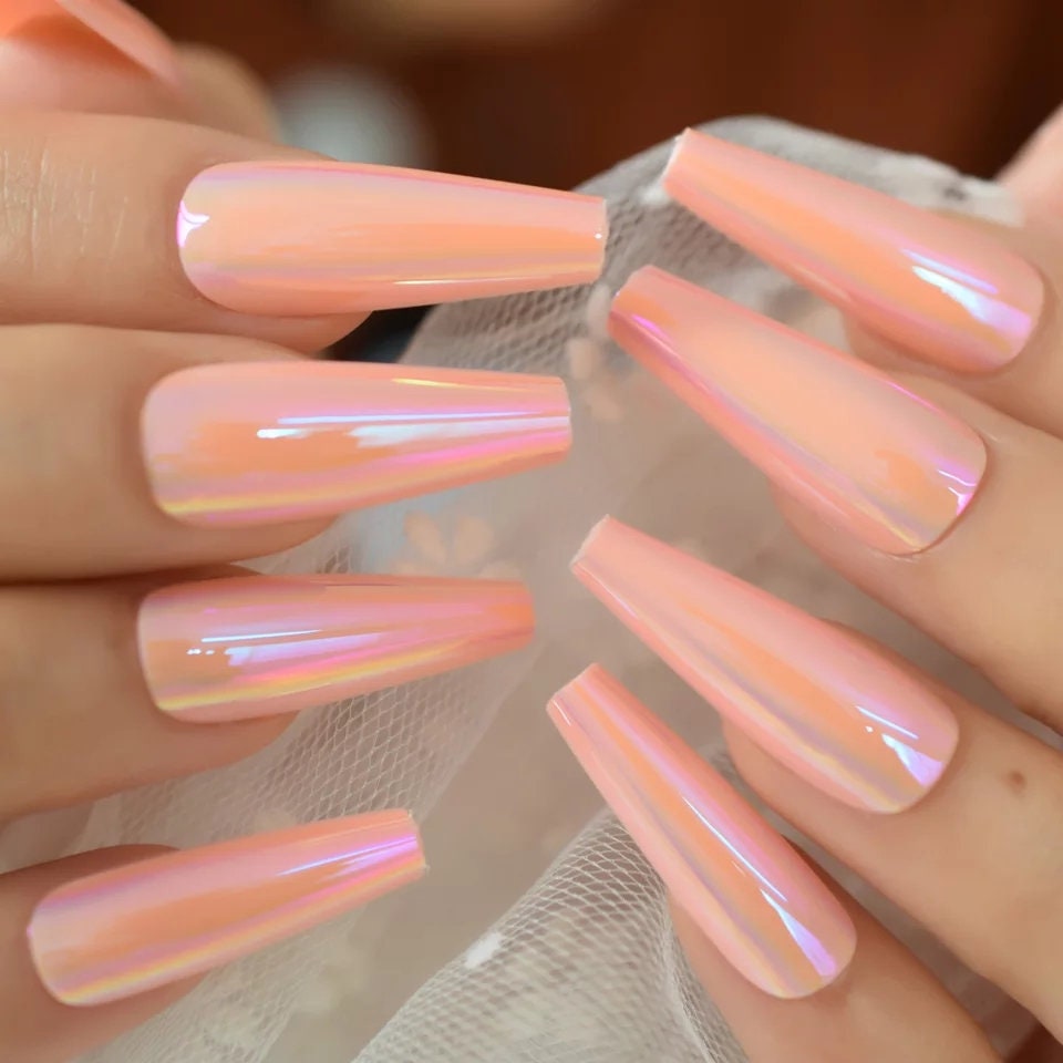 24 Peach Chrome Long Press On Nails Chameleon mirror glue on manicure straight coffin