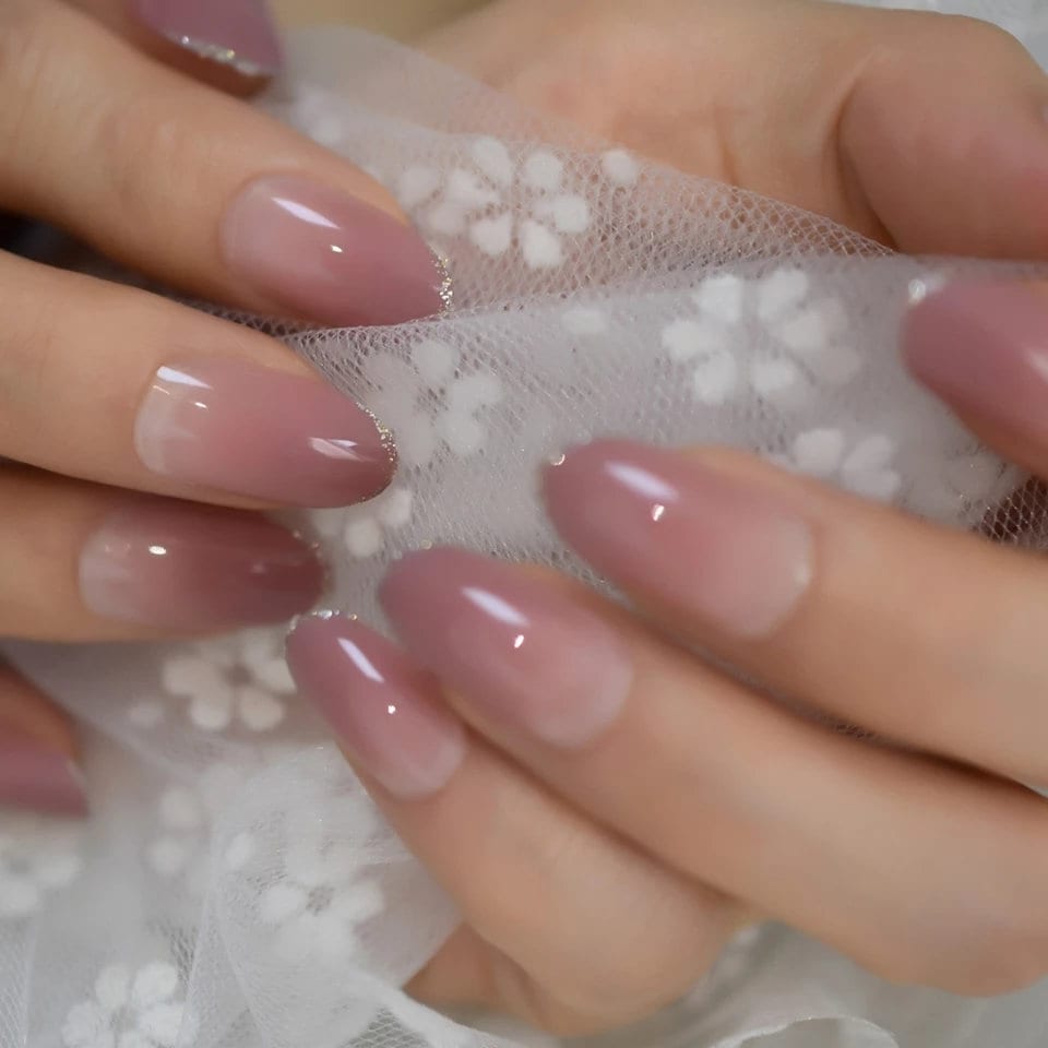 24 Ombre nude glitter rim tip Long press on nails glue on classic manicure medium
