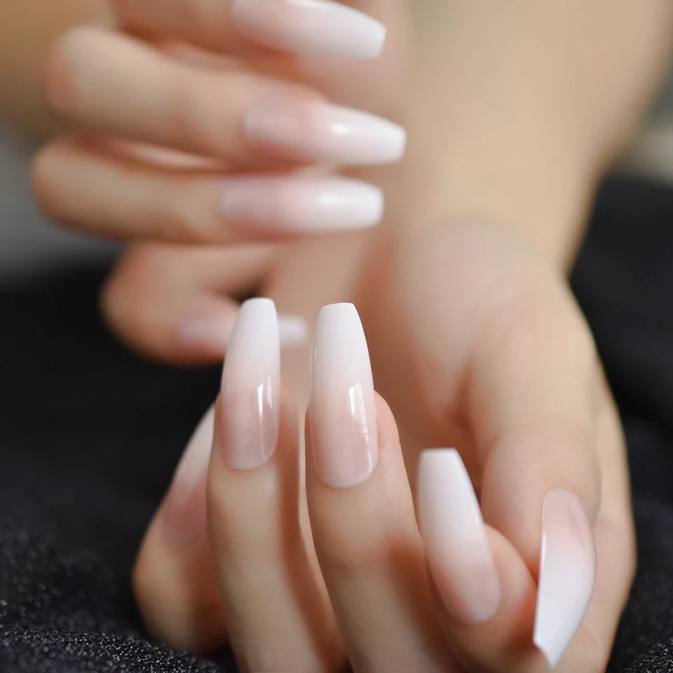 24 natural nude Ombre French tip coffin nails glue on Long  press on Nails classic manicure