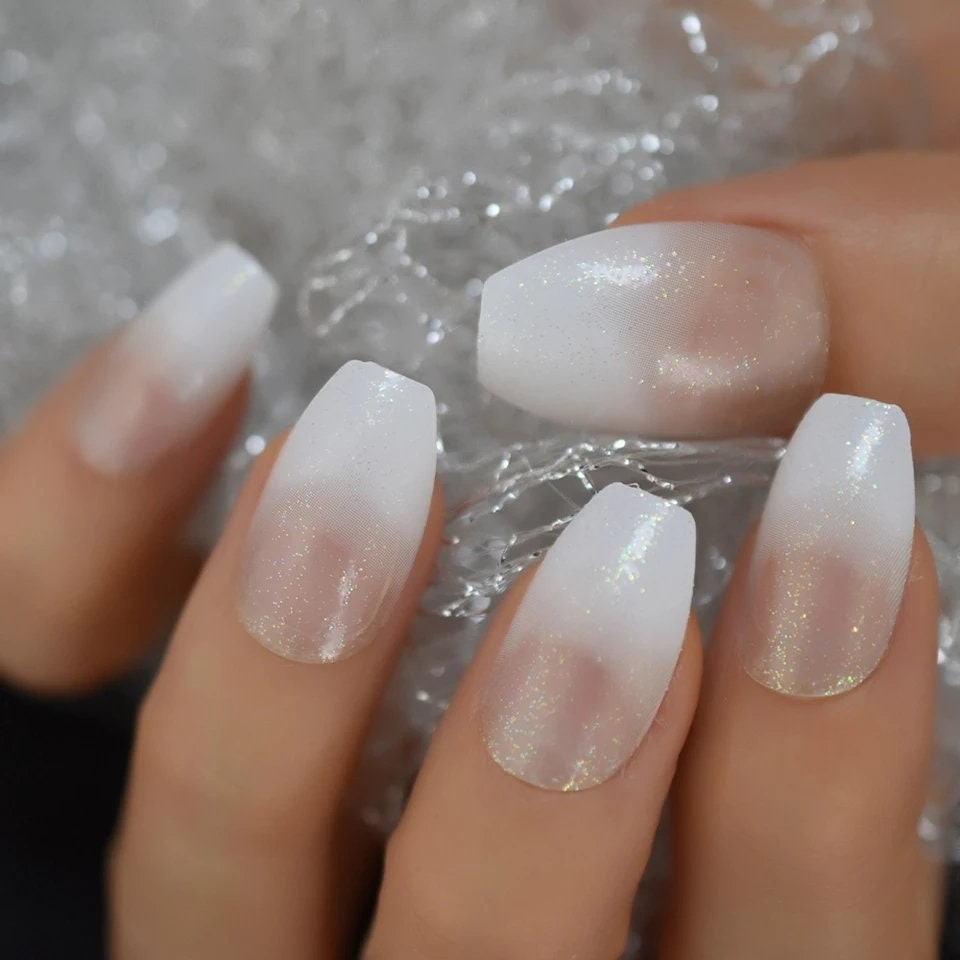24 Medium Ombre French tip white Long Press on nails glue on natural