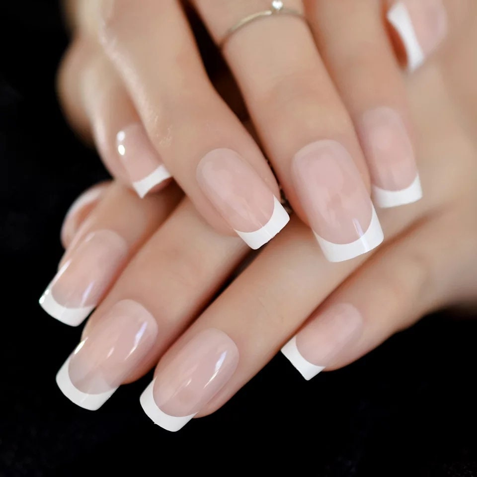 24 Medium Square French tip white Kiss Press on nails glue on natural