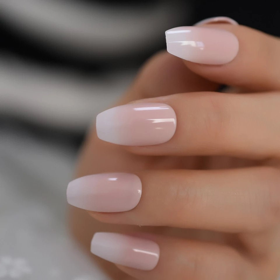 24 Medium Coffin Ombre White tip Pink French mani Kiss Press on nails glue on natural