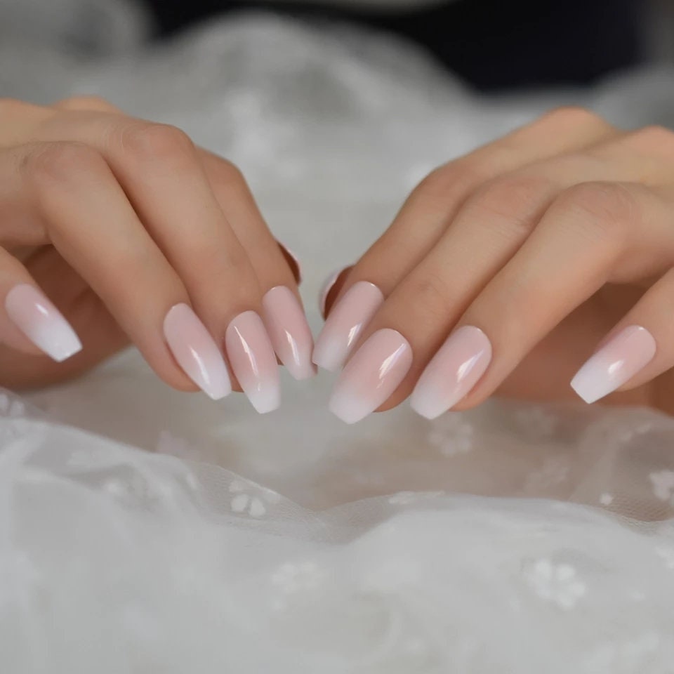 24 Medium Coffin Ombre White tip Pink French mani Kiss Press on nails glue on natural