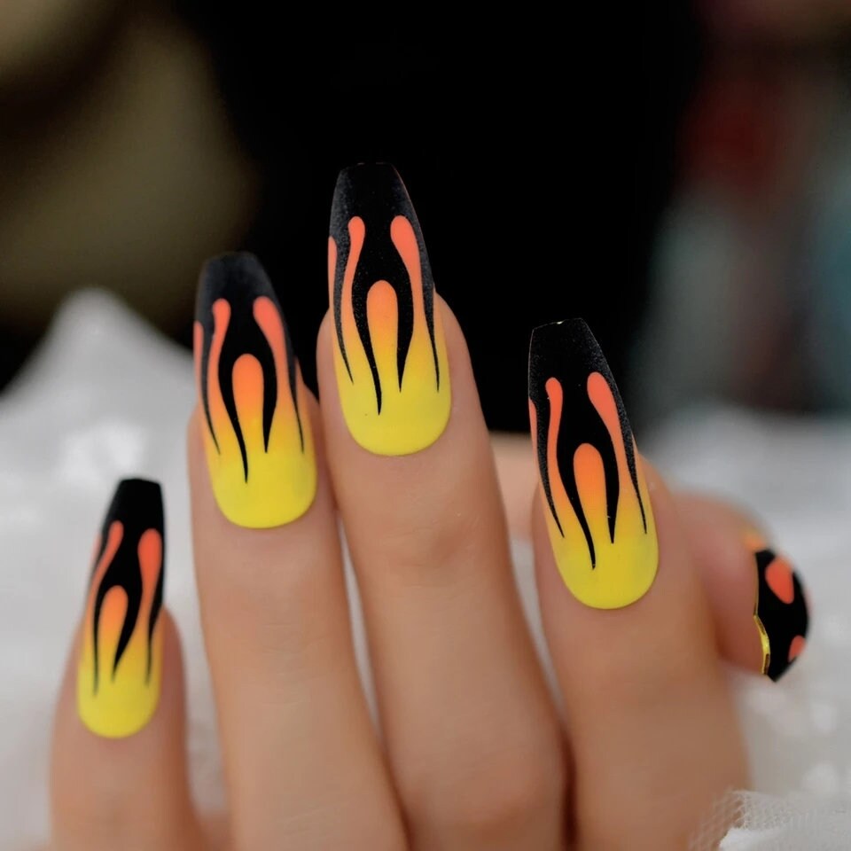 24 Matte Yellow Flame 90s retro Long Press on Nails glue on natural edgy goth multicolor