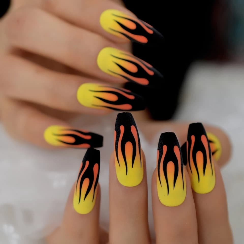 24 Matte Yellow Flame 90s retro Long Press on Nails glue on natural edgy goth multicolor
