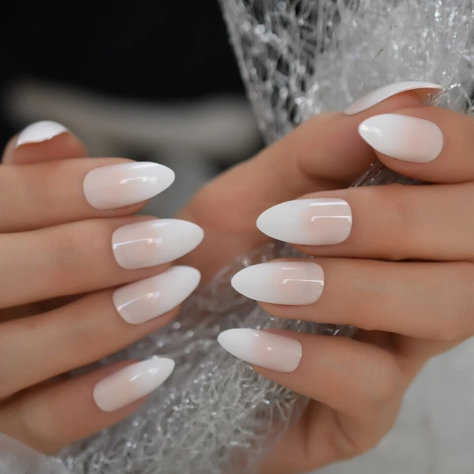 24 Medium Almond Ombre Pink French tip white Long Press on nails glue on natural stiletto
