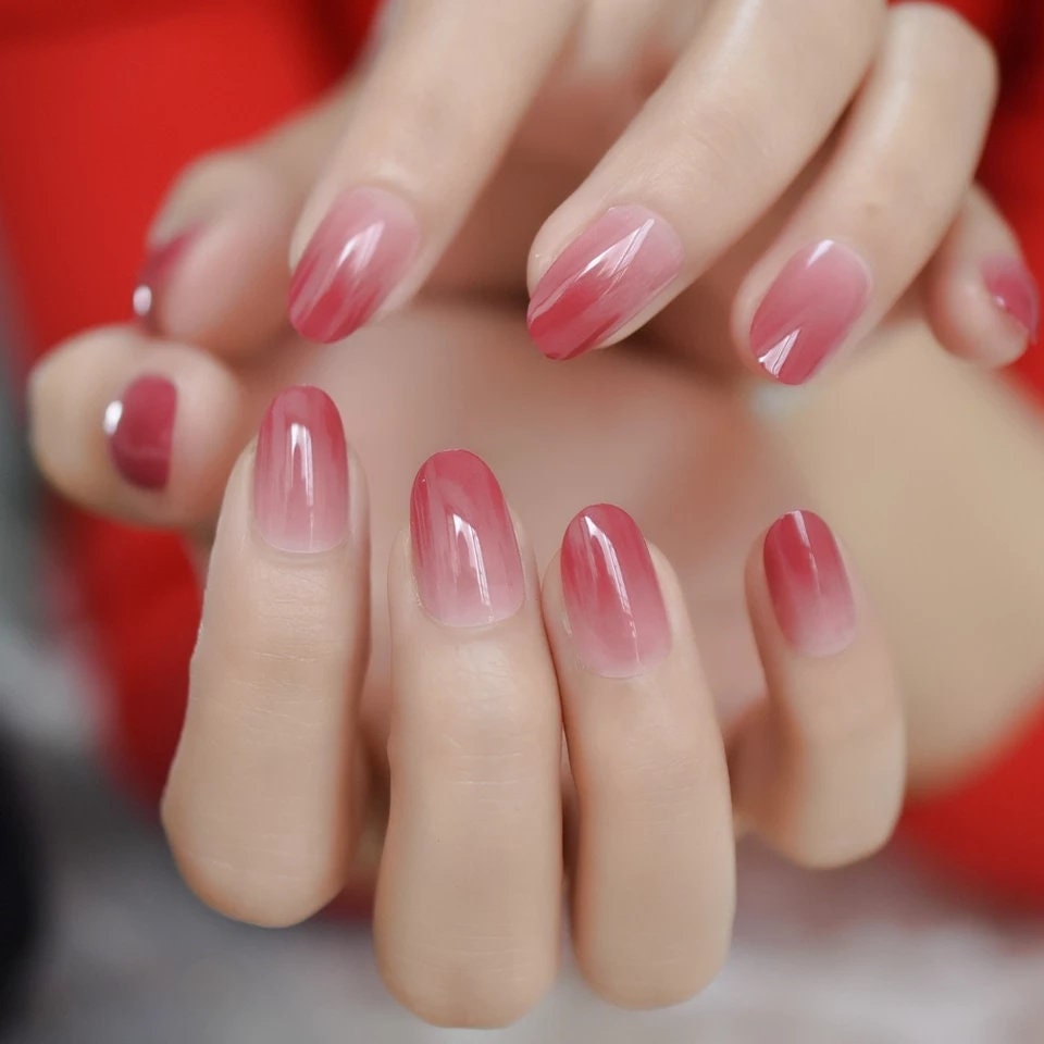 24 Rose Red Ombre Long Press On Nails nude Medium Almond French tip glue on natural nude