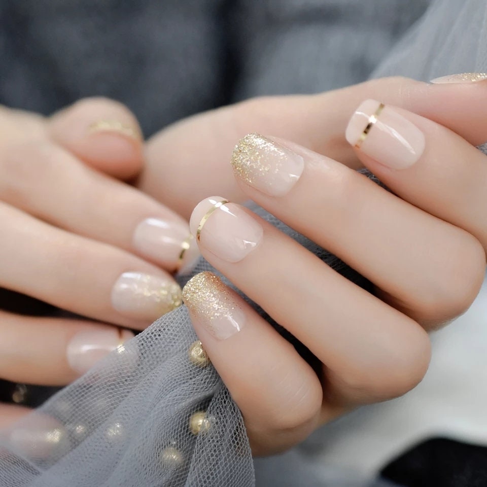 24 Short Nude Press On nails Gold Details Classy Glue on