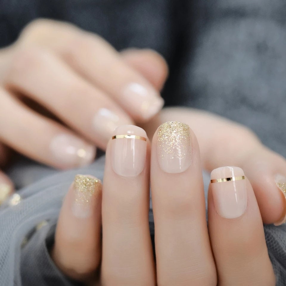 24 Nude Short Press On nails Gold Details Classy Glue on