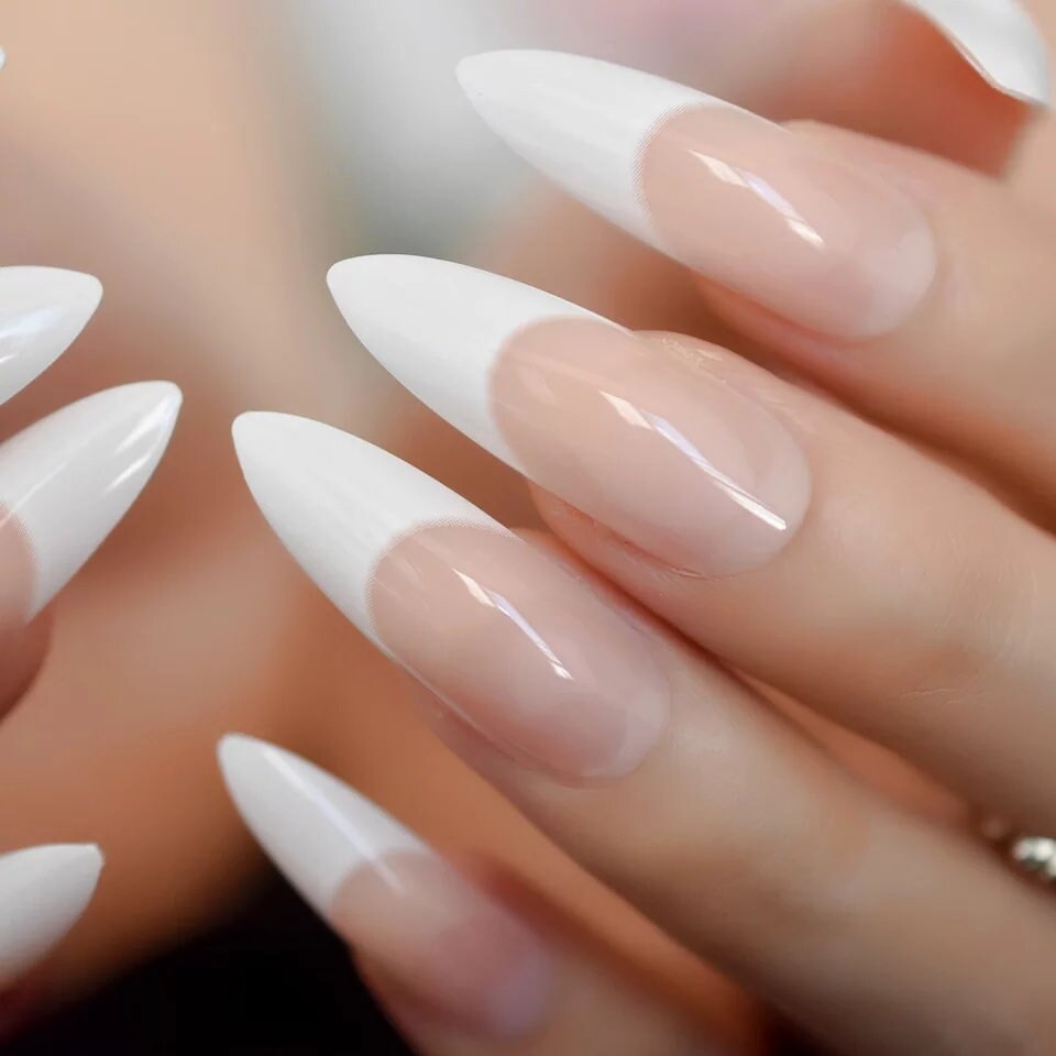 24  French tip white Long Press on Nails glue on natural stiletto pointed