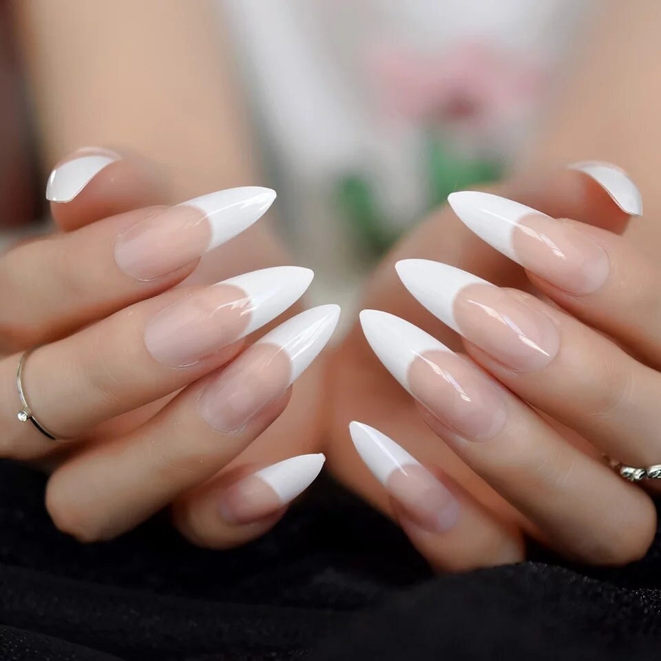 24  French tip white Long Press on Nails glue on natural stiletto pointed